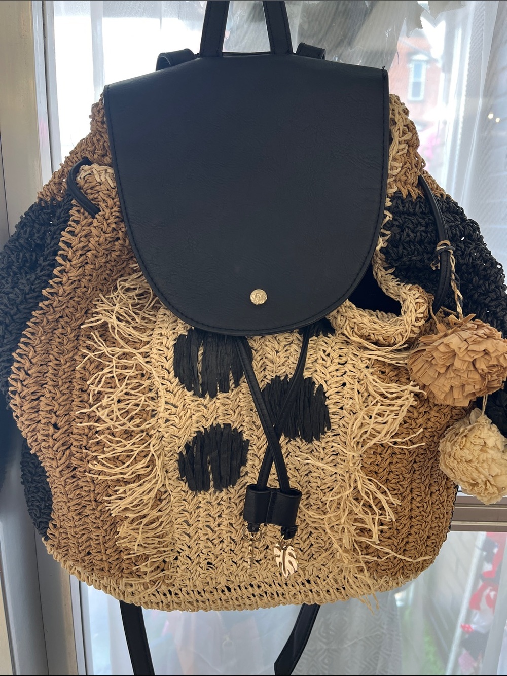 Boho Straw Backpack by Tommy Bahama with Black Leather Flap